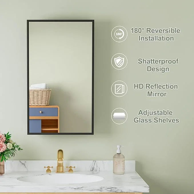 Buruis 14"x 24" Framed Medicine Cabinet with Mirror, Recessed or Wall Mounted Bathroom Cabinet, Adjustable Tempered Glass Shelves, Left/Right Open Reversible, No Assembly Required, Black - ModernBath