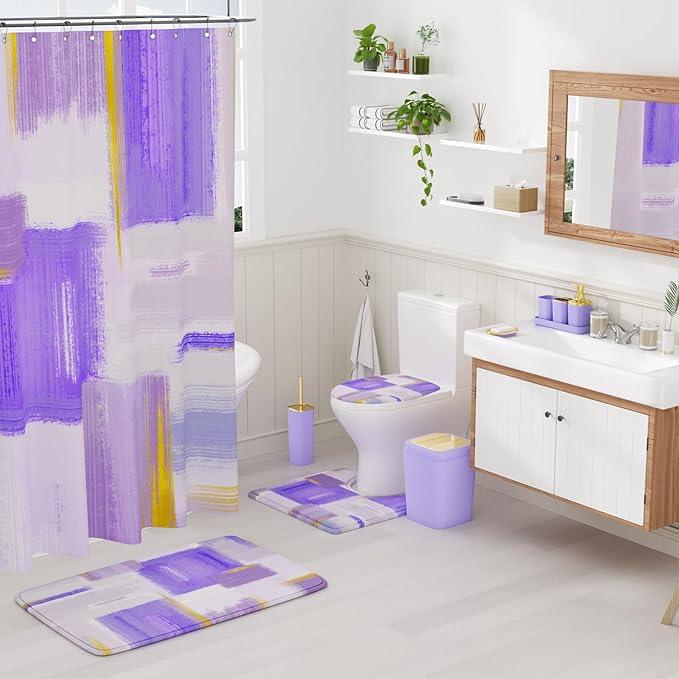 XLHOMO Bathroom Accessories Set - 25PC Bathroom Set with Shower Curtain and Rugs, Purple Bathroom Set, Bathroom Accessory Set with Press-on Lid Trash Can, Soap Dispenser and Qtip Holders - ModernBath
