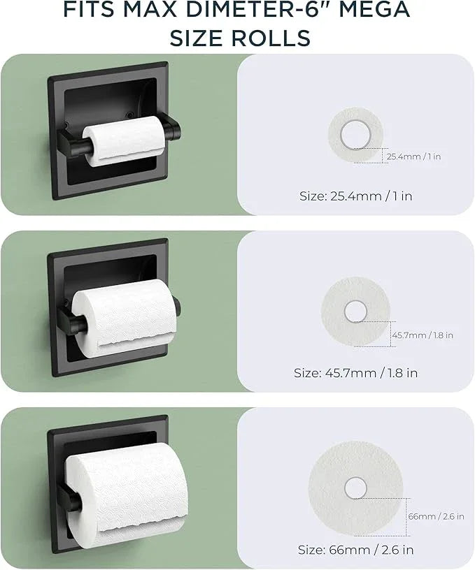 FORIOUS Recessed Toilet Paper Holder, Stainless Steel Durable Tissue Roll Holder Wall Mount for Bathroom Space Saving Design with Mounting Bracket, 2 Pack Matte Black - ModernBath