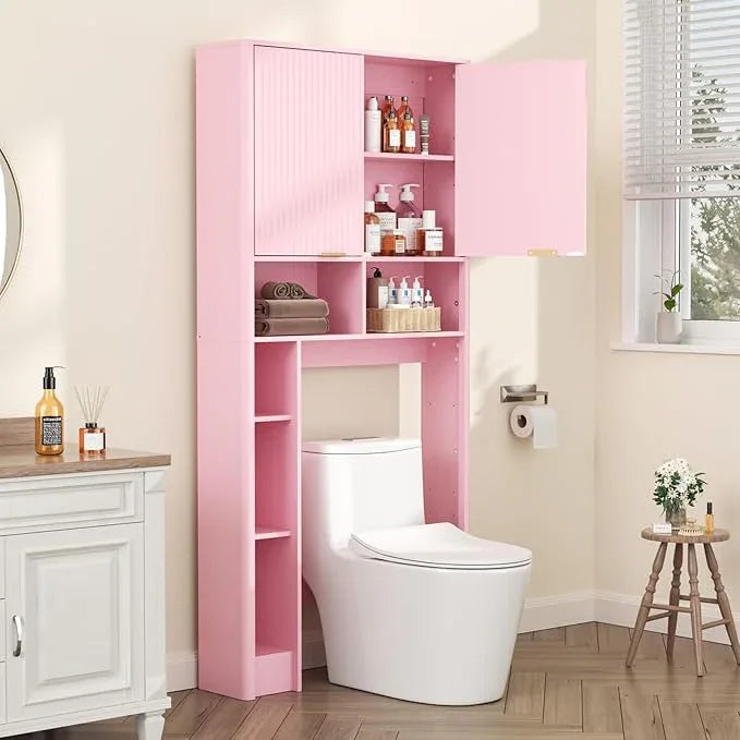 31" W Over The Toilet Storage Cabinet with Fluted Door, Pink Bathroom Organizer with Adjustable Shelf, Toilet Paper Holder Stand Wave Door for Restroom, Laundry Room - ModernBath