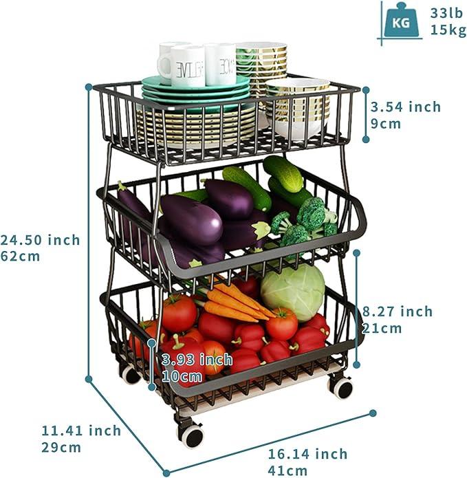 Metal Wire Baskets with Wheels, Stackable Storage Bins Kitchen Organizer Shelf 3-4-5-6 Tier Fruit Vegetable Cart Dishes Seasonal Rack Shelves for Garage, Pantry, Bathroom and Produce holder - ModernBath