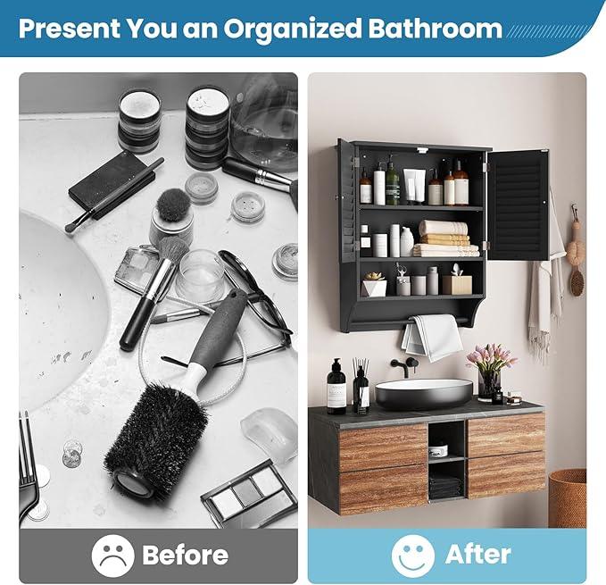 Giantex Bathroom Cabinet Wall Mounted - Hanging Medicine Cabinet with 2 Louvered Doors, 3-Position Adjustable Shelf, Towel Bar, Over The Toilet Space Saver (Black) - ModernBath