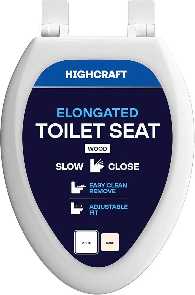 HIGHCRAFT Premium Elongated Toilet Seat with Slow-Close Design, Adjustable Hinges & Quick Removal Mechanism - Molded Wood Toilet Seat - Fits Standard Elongated Toilets - Oval Seat in White - ModernBath