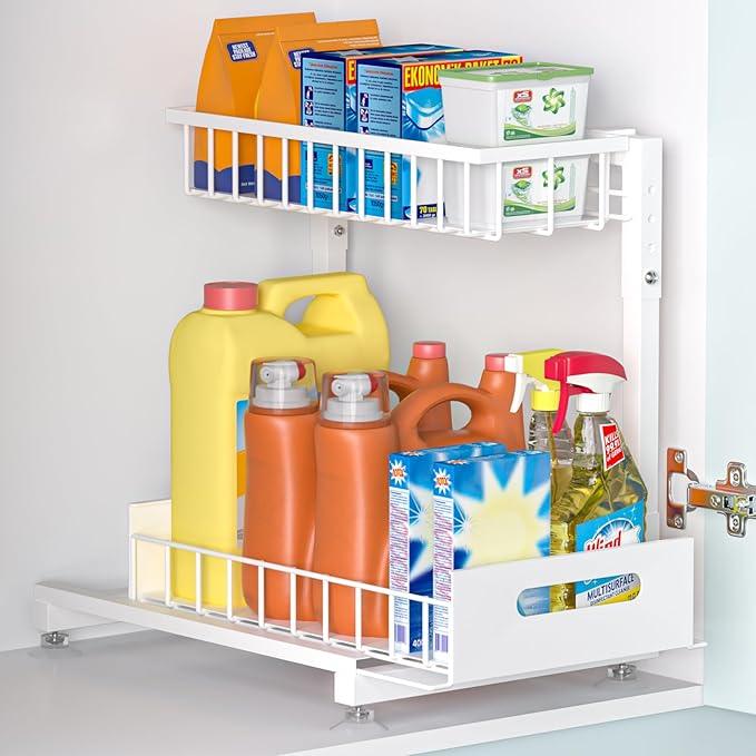 Under Sink Organizer for Kitchen and Bathroom, 2 Tier Pull Out Storage Rack - Height Adjustable Heavy Duty Metal Basket with High Capacity & Safety Stopper, Rustproof for Cleaning Supplies 1 Pack - ModernBath