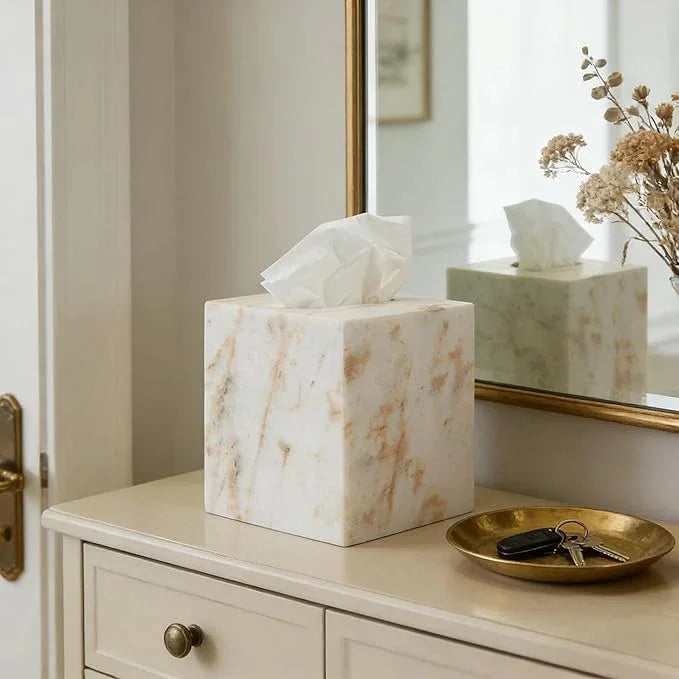 Marble Tissue Box Cover for Bathroom, White with Gold Texture Marble Facial Tissue Holder, Rectangular Toilet Paper Holder Case, Elegant Home Decorative for Vanity, Bedroom, Living Room, Office - ModernBath