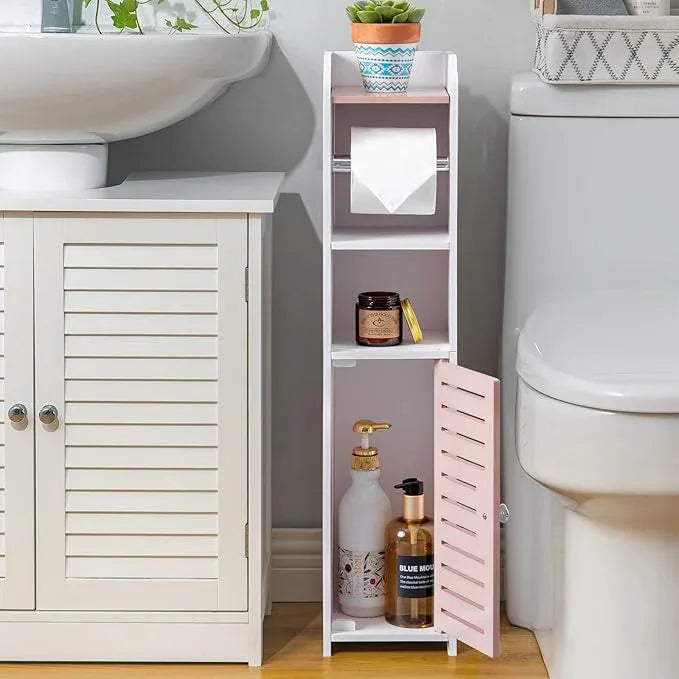 AOJEZOR Toilet Paper Holder Stand: Small Bathroom Storage Cabinet - Pinkish Rose - White - ModernBath
