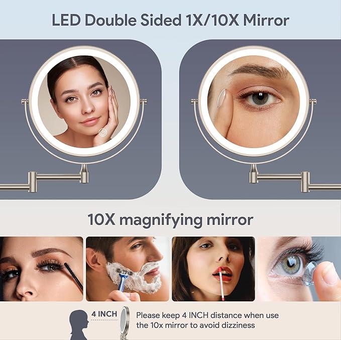 Rocollos 9" Wall Mounted Lighted Makeup Mirror, Large Double Sided 1X/10X Magnifying Mirror, 3 Color LED Vanity Mirror, Touch Dimmable 360° Swivel Light Up for Bathroom - ModernBath