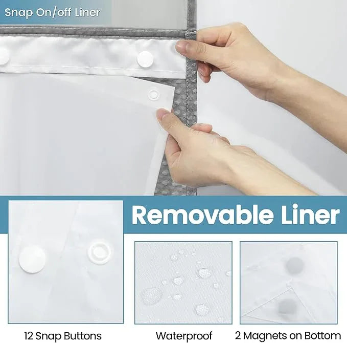 EUTXL Grey Shower Curtain and Liner Set - 230GSM Waffle Weave Textured Heavy Duty,Hotel Luxury Weighted Bath Curtain,71W x 74H - ModernBath