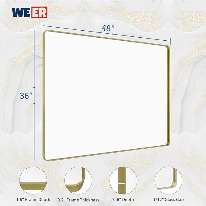 WEER Gold Bathroom Mirror, 48X36 Inch Brushed Gold Metal Frame Mirror, Rounded Rectangle Gold Bathroom Vanity Mirror for Wall, Tempered Glass, Anti-Rust, Hangs Horizontally or Vertically - ModernBath