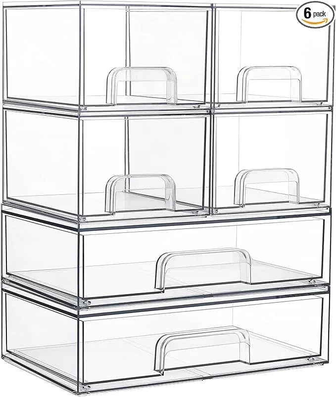 Vtopmart Stackable Storage Drawers Set of 6, Clear Plastic Organizer Bins for Bathroom Supplies,Ideal for Cabinet,Pantry,Laundry Room Organization - ModernBath