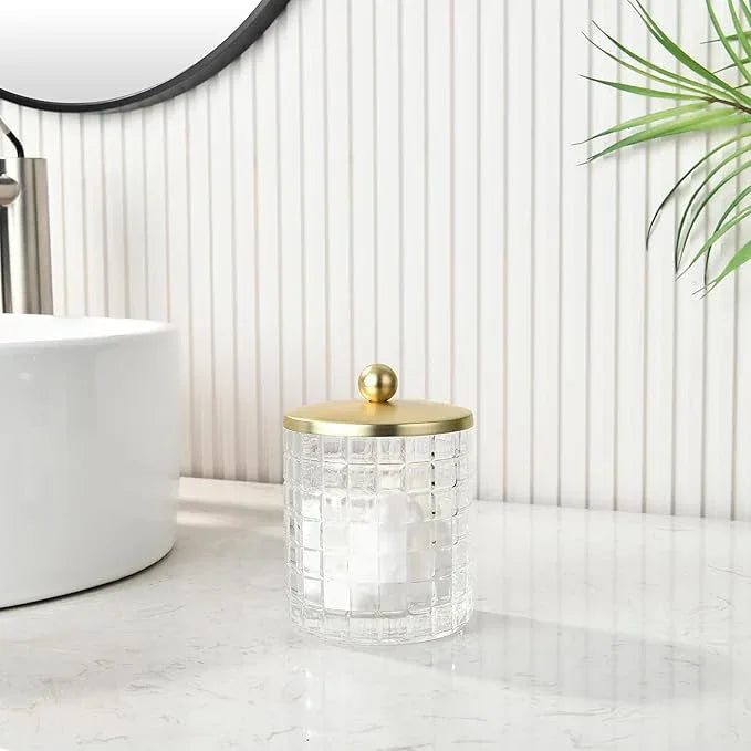 Indecor Home Clear Tranparent Apothecary Etched Geometric Grid Glass Jar W/Gold Metal Lid Cover for Bathroom Organization, Cotton Balls, Q Tips, and Small Accessories, Bathroom Storage - ModernBath
