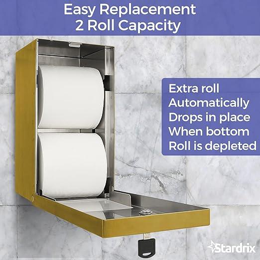 Gold 2 Roll Stainless Steel Commercial Toilet Paper Dispenser, Heavy Duty Wall Mount Tissue Holder with Lock for Restroom/Bathroom - ModernBath