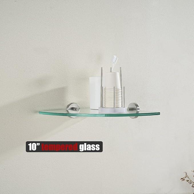 JQK Corner Glass Shelf, Brushed Steel Bathroom 304 Stainless Steel Shower Triangle Floating Wall Shelf, 10 x 10 Tempered Glass, 3 Pack, TGS190L10-BN-P3 - ModernBath