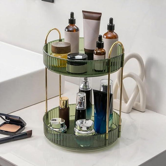 INVSSENE 360° Rotating Makeup Organizer, Bathroom Make Up Spinning Holder Rack, Large Capacity Cosmetics Storage Vanity Shelf Countertop, Fits Cosmetics, Perfume, Skincare, Lipsticks(2 Tiers, Green) - ModernBath