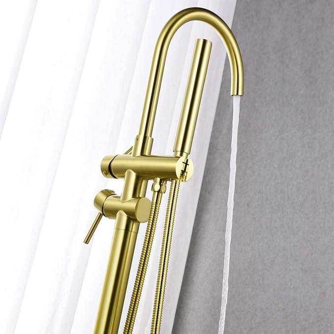 Freestanding Tub Filler Bathtub Faucet Brushed Gold Floor Mounted Brass Faucets with Handheld Shower - ModernBath