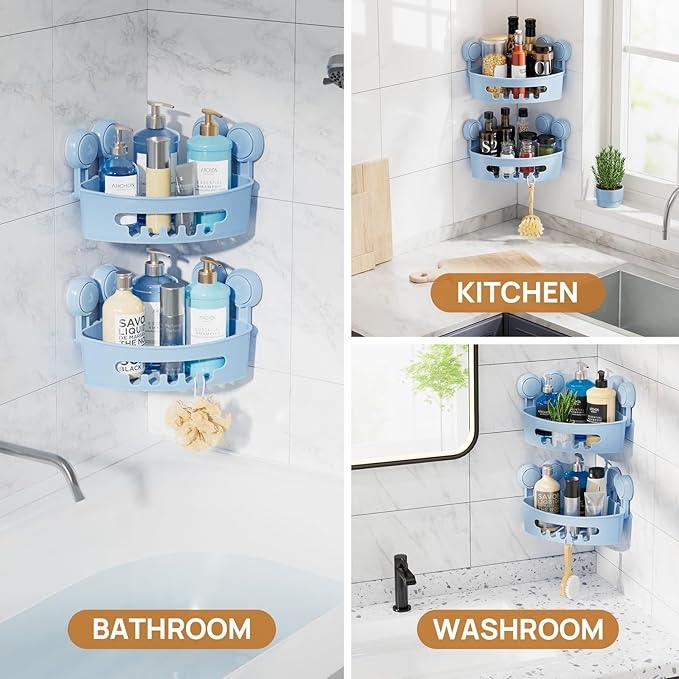 LEVERLOC Powerful Suction Bathroom Shower Shelf, Waterproof and Rustproof Organizer for Bathroom Storage and Kitchen, No-Drilling Removable, Blue - ModernBath
