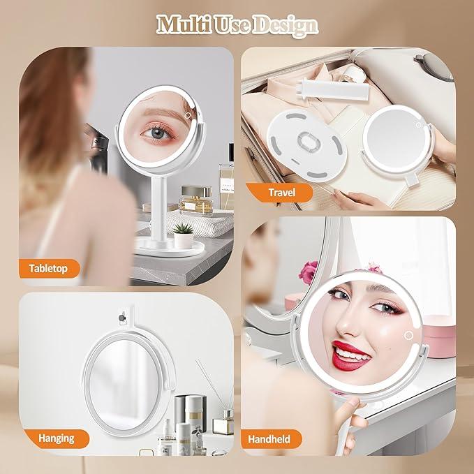 MOMOKUBA Makeup Mirror with Lights, Double Sided 1x/20x Magnifying Mirror with Light, Rechargeable 3 Color Lights and Adjustable Brightness, 360° Rotation Detachable Comes with Tweezer(White) - ModernBath