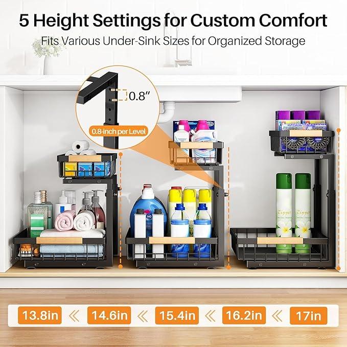 PXRACK 1 Pack Under Sink Organizer,Adjustable Height,2 Tier Pull Out Under Cabinet Organizer,Slide Out Thickened Metal Under Sink Storage for Kitchen Bathroom Laundry Cabinet Pantry,Black(S) - ModernBath