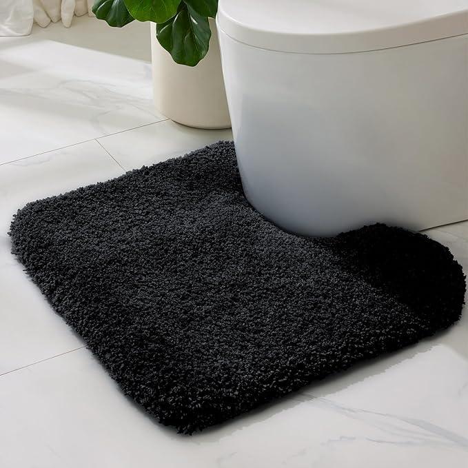 ILANGO Black Toilet Rugs U Shaped 22" × 24" Non Slip & Super Absorbent Extra Thick Soft, Washable Bath Mats for Bathroom Floor, Microfiber Plush Shaggy Contour Bath Rugs for Toilet,Dry Quick - ModernBath