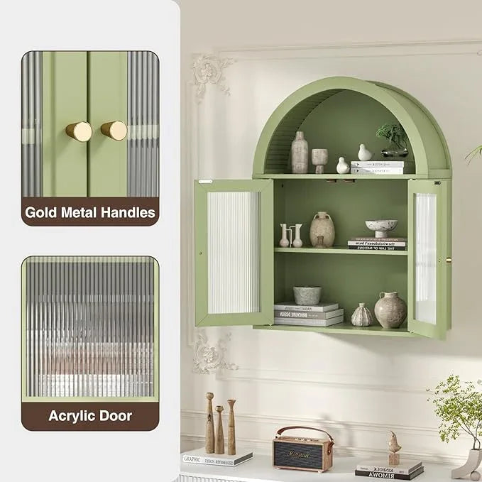 Bathroom Wall Cabinet, Arched Cabinet Wall Mount, 2 Acrylic Doors, 1 Adjustable and Removable Shelf, for Laundry Room, Living Room, Restroom, Kitchen, Green - ModernBath