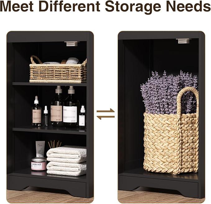 67"H Bathroom Storage Cabinet with Rattan Doors and Slide Storage, Tall Narrow Standing Tower Cabinet with Adjustable Shelves, Small Bathroom Floor Organizer for Entryway, Kitchen, Black - ModernBath