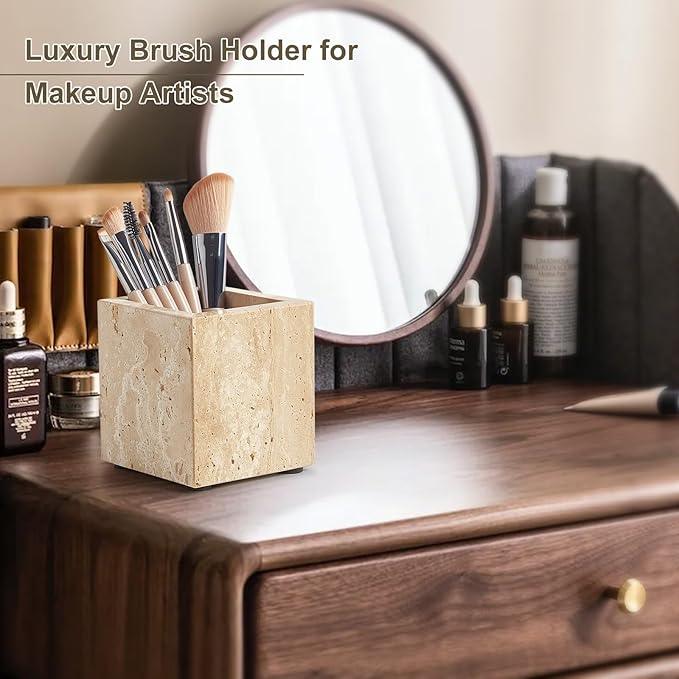 Real Natural Travertine Marble Toothbrush Holder & Pen Holder & Makeup Brush Holder & Utensil Holder, Genuine Stone Rectangular Bathroom Tumbler Cup, Durable Office & Home Countertop Organizer - ModernBath