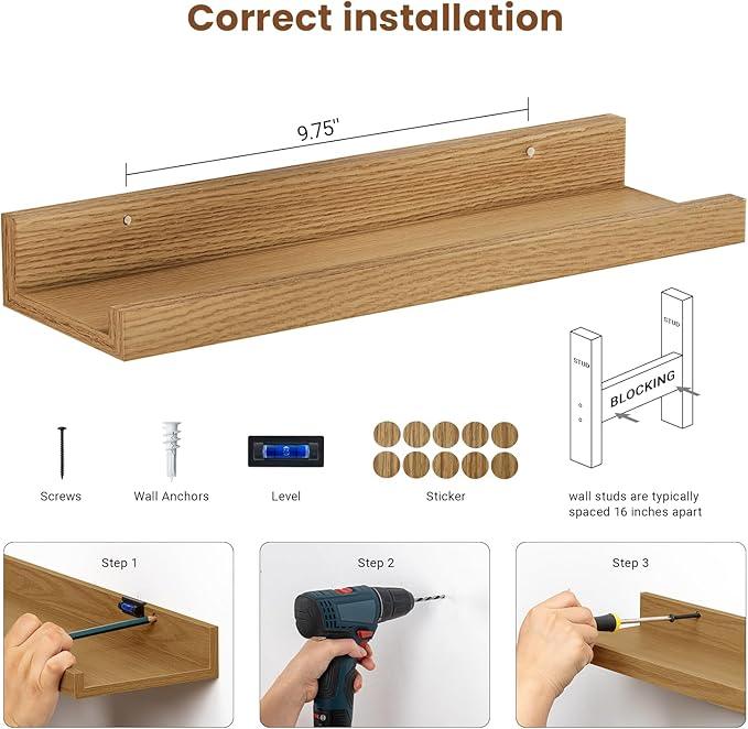 Heimlove Floating Shelves Set of 6, 16" Wall Mounted Picture Ledge, Display Shelf Organizer for Decor Storage, Wall Mounted Shelves for Living Room, Bedroom, Bathroom, Kitchen (Oak) - ModernBath