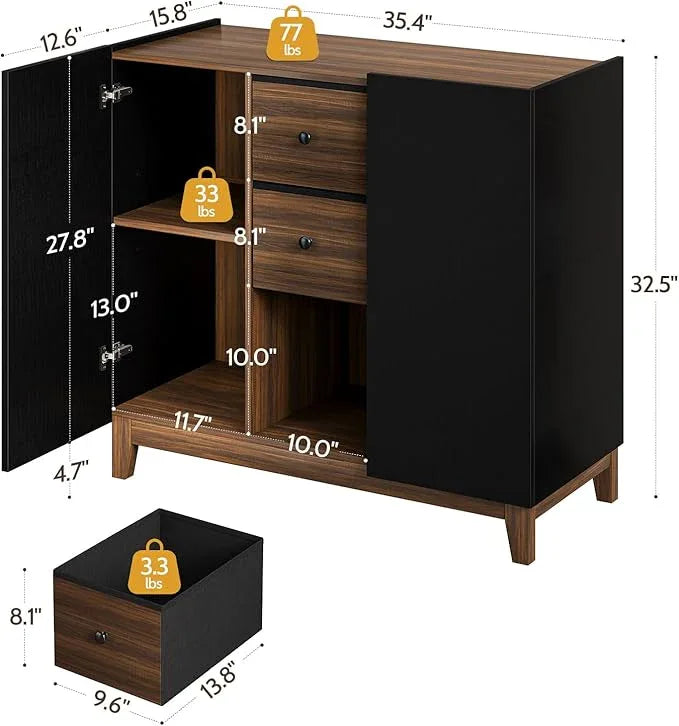 Bathroom Storage Cabinets with Drawers and Doors, Kitchen Storage Cabinet with Adjustable Shelf, Floor Sideboard Buffet Cabinet for Living Room, Kitchen, Hallway, Dining Room, Black Walnut - ModernBath