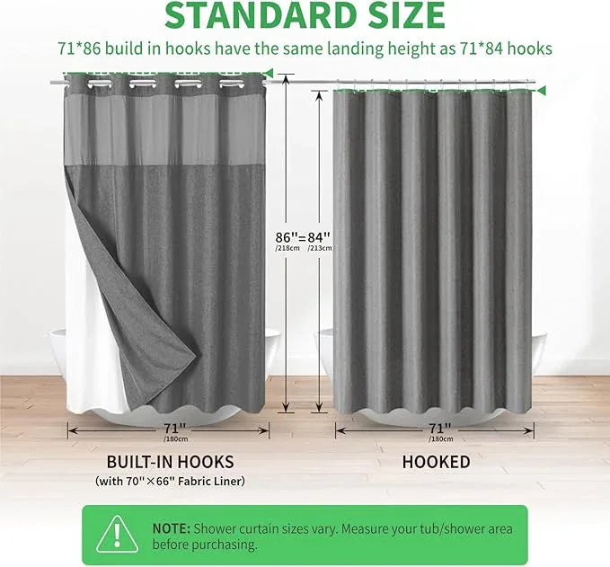 eachope Extra Long No Hooks Needed Linen Textured Shower Curtain with Snap-in Fabric Liner Set,White Hotel Luxury Decor Shower Curtains for Bathroom,Waterproof & Washable,71Wx86H,Charcoal Grey - ModernBath