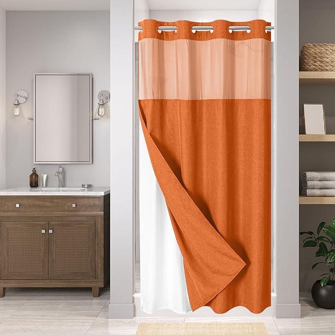 eachope Stall No Hooks Needed Linen Textured Shower Curtain with Snap-in Fabric Liner Set,Hotel Luxury Decor Farmhouse Shower Curtains for Bathroom,Waterproof & Washable,54Wx80H,Burnt Orange - ModernBath