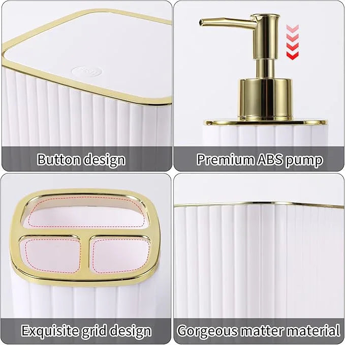 XLHOMO Bathroom Accessories Set - Gorgeous Bathroom Set, 28PC White Bathroom Accessory Set, Shower Curtain with 5PC Adhesive Corner Shower Caddy Hanging, Toilet Brush, Trash Can & Soap Dispenser - ModernBath