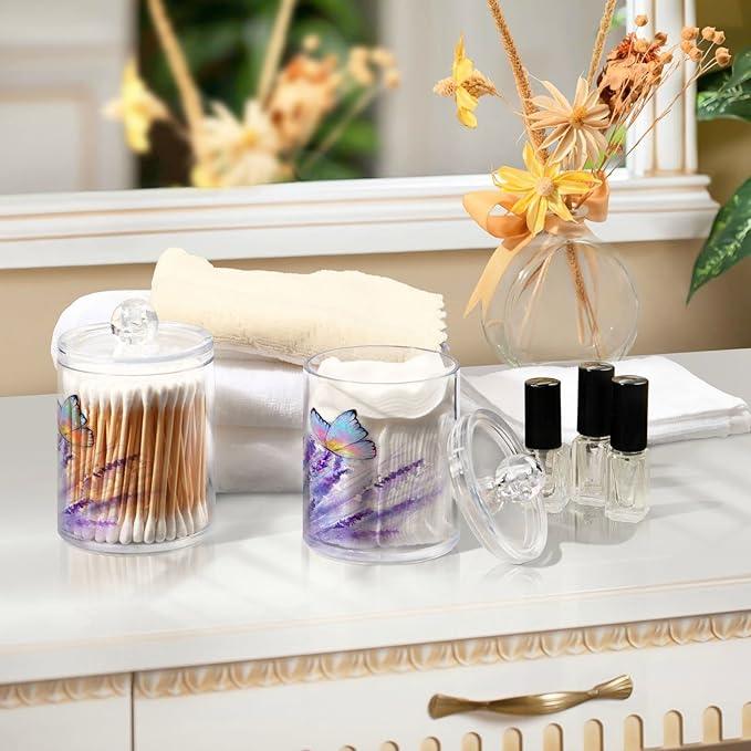 BOENLE 4 Pack Qtip Holder Dispenser Lavender Butterfly Purple Bathroom Storage Canister Lid Acrylic Plastic Apothecary Jar Set Vanity Makeup Organizer for Cotton Swab/Ball/Pad/Floss - ModernBath