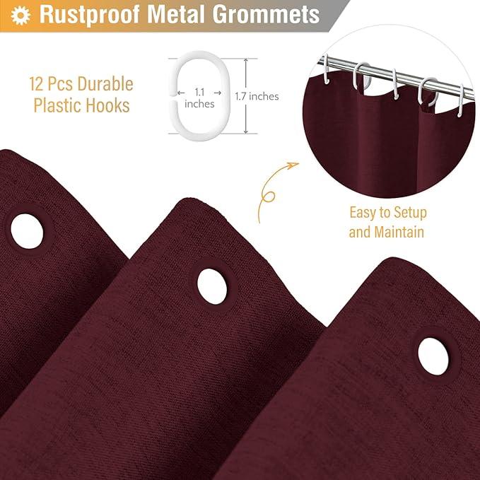 BTTN Burgundy Shower Curtain - Linen Textured Heavy Duty Waterproof Cloth Shower Curtain Set with 12 Plastic Hooks, Hotel Spa Luxury Simple Decorative Thick Fabric Shower Curtains for Bathroom - 72x72 - ModernBath