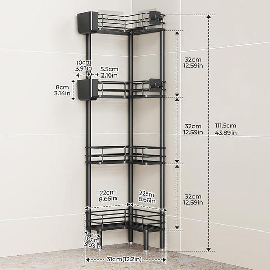 Orimade Rustproof 4 Tier Floor Standing Corner Shower Caddy Organizer with Toothbrush Holder, Large Spacing Floor Shower Shelf Rack Storage Stands with Hooks for Bathroom Kitchen, Black - ModernBath