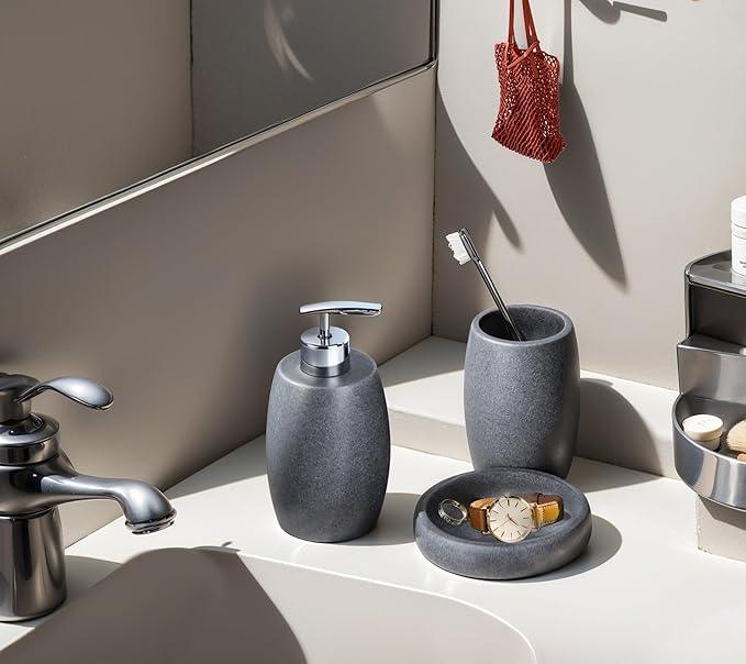 Clasin Home Grey Bathroom Accessories Set 3 PC, Resin Sandstone Look Soap Dispenser, Toothbrush Cup, Soap Dish, Bathroom Soap Dispenser Set for Home Decor and Kitchen - ModernBath