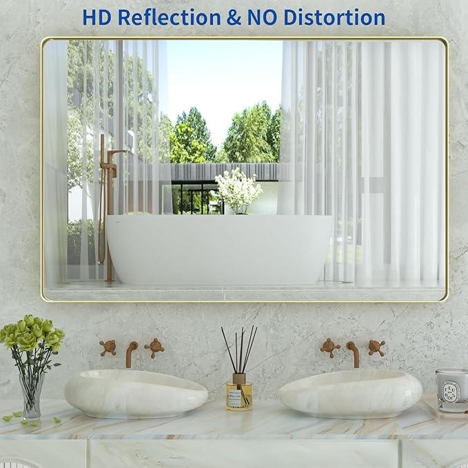 WEER Gold Bathroom Mirror, 55X36 Inch Brushed Gold Metal Frame Mirror, Rounded Rectangle Gold Bathroom Vanity Mirror for Wall, Tempered Glass, Anti-Rust, Hangs Horizontally or Vertically - ModernBath