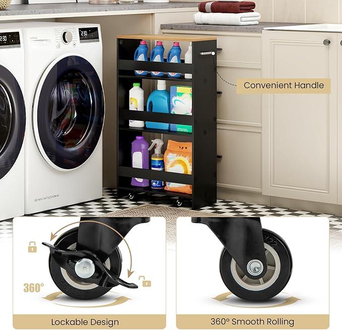 Small Kitchen Cart, 4-Tier Slim Rolling Island w/Handle, Laundry Room Storage Organizers Between Washer and Dryer, Narrow Spice Rack on Wheels Next to Fridge (Black, 8'') - ModernBath