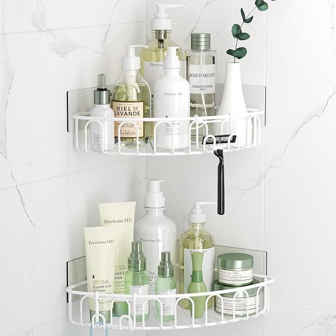 Orimade Corner Shower Caddy with 2 Hooks Wall Mounted Metal Bathroom Shelf Storage Organizer Adhesive No Drilling 2 Pack, White Only for 90-Degree Corner - ModernBath