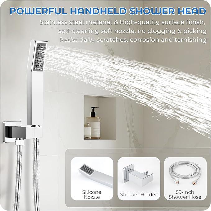 RNDIOZD Chrome Shower Faucet Set, 10 inch Rain Shower System with Pressure Balance Valve, Wall Mounted 2-Functions Bathroom Shower Systems with Rain Shower and Handheld Spray Shower Trim Included - ModernBath