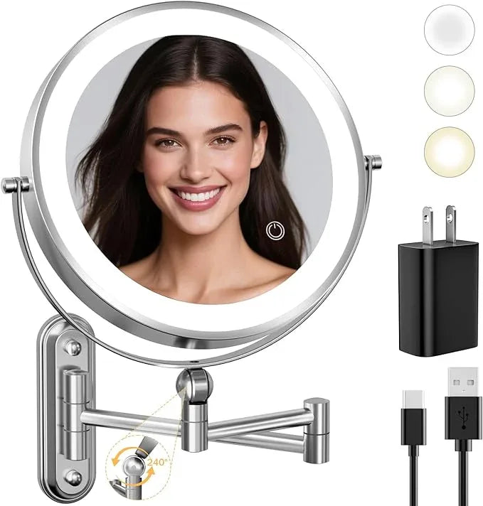 9" Wall Mounted LED Lighted Makeup Vanity Mirror - 4000mAh Rechargeable Double Sided 1X/30X Magnifying Mirror, 3 Color Lights Touch Dimmable, Height Adjustable Extended Arm 360° Swivel Bathroom Mirror - ModernBath