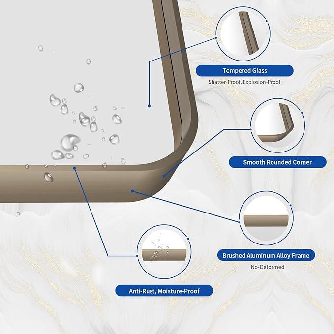 WEER 60x30 Inch Bronze Bathroom Mirror for Vanity, Brushed Bronze Metal Frame Rounded Rectangle Mirror with Tempered Glass, Anti-Rust (Horizontal/Vertical) - ModernBath