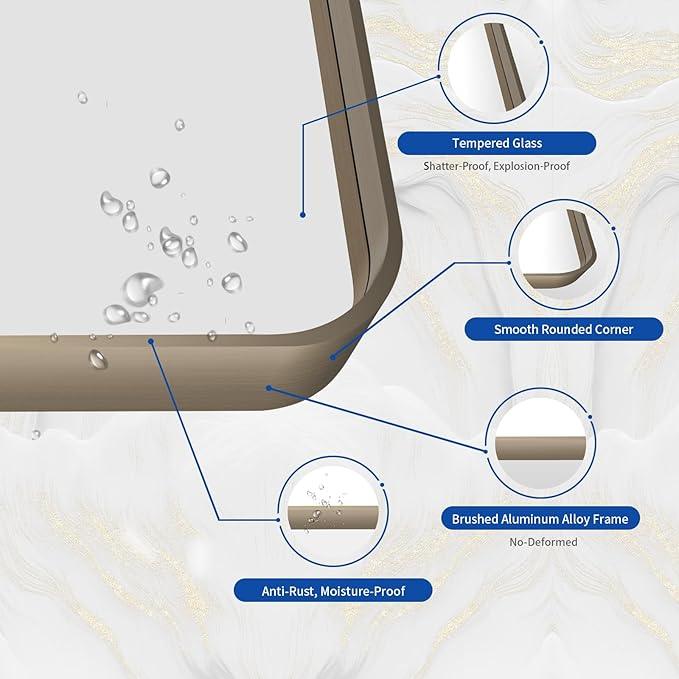 WEER Bronze Framed Modern Wall-Mounted Bathroom Mirror, 55"L x 36"W, Brushed Bronze Aluminum Frame, Shatterproof Tempered Glass, Rounded Rectangle, Horizontal/Vertical Mounting - ModernBath