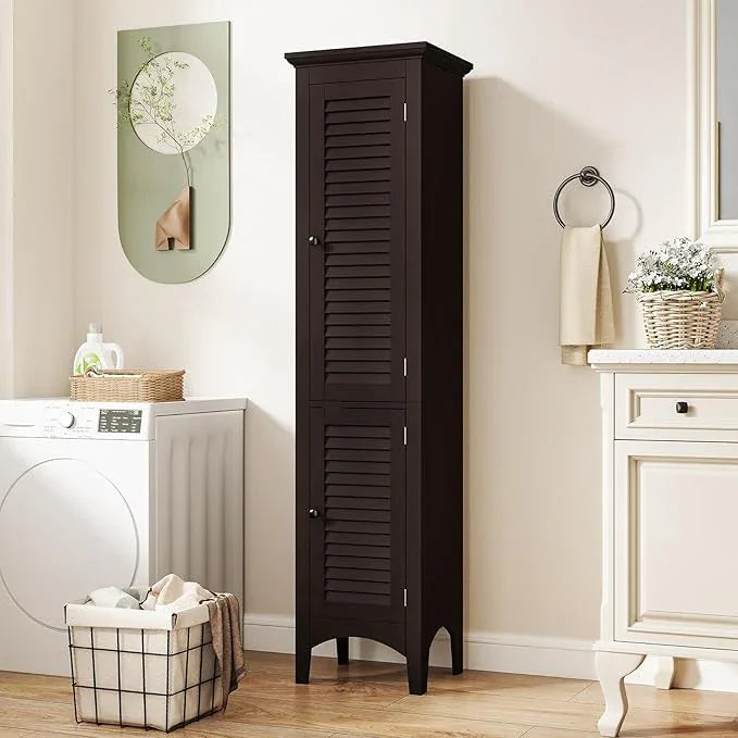 Tangkula 63" Tall Bathroom Storage Cabinet, Freestanding Narrow Linen Tower with Adjustable Shelf, Modern Slim Floor Cabinet with 2 Doors for Bathroom, Living Room, Kitchen (Brown) - ModernBath