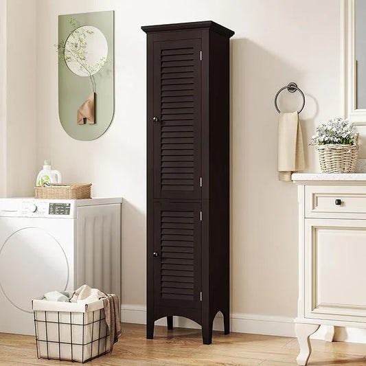 Tangkula 63" Tall Bathroom Storage Cabinet, Freestanding Narrow Linen Tower with Adjustable Shelf, Modern Slim Floor Cabinet with 2 Doors for Bathroom, Living Room, Kitchen (Brown) - ModernBath