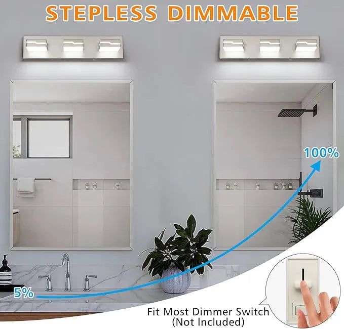 Merexcint LED Modern Bathroom Vanity Light Fixtures 3-Light, 19 inch Dimmable Nickel Vanity Lights for Bathroom Lighting Fixtures Over Mirror, with 350°Rotatable Acrylic Heads(White Light 5500K) - ModernBath