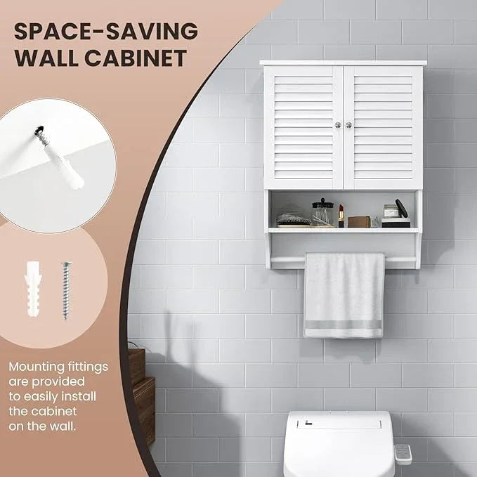 Tangkula Wall Mounted Bathroom Cabinet with Open Shelf & Bar, Medicine Cabinet with Double Louvered Doors, Wall Storage Cabinet with Adjustable Shelf, for Bathroom Living Room Kitchen (White) - ModernBath