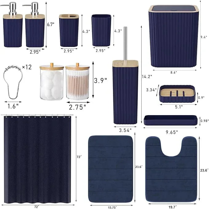 XLHOMO Bathroom Set - 25PC Blue Bathroom Set with Shower Curtain and Rugs, Bathroom Accessories Set, Blue Shower Curtain Set with Bathroom Trash Can - ModernBath