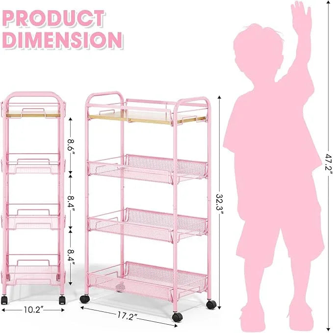 TOOLF 4-Tier Rolling Cart, Metal Utility Cart, Slide Out Storage Cart with Wooden Tabletop and Mesh Baskets, Easy Assemble Trolley for Kitchen Bathroom Laundry Room Bedroom Apartments Dormitory - ModernBath
