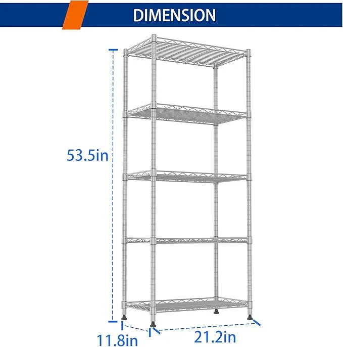 REGILLER 5-Wire Shelving Metal Storage Rack Adjustable Shelves,Standing Storage Shelf Units for Laundry Bathroom Kitchen Pantry Closet(Silver,11.8" D x 21.2" W x 53.5" H) - ModernBath