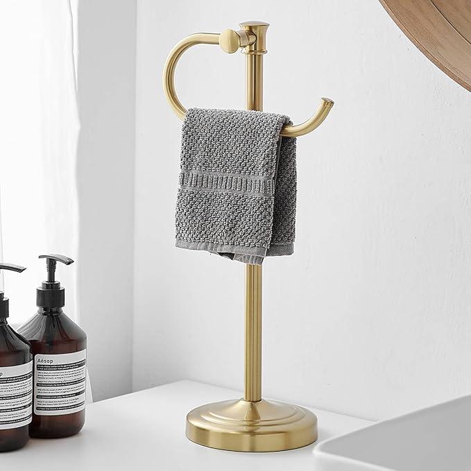 BESy 17 Inch Brushed Gold Stand Towel Bar Hanger Hand Towel Bar Bathroom Vanity Countertop Towel Holder Free Standing Stainless Steel Towel Ring Hardware Accessories Towel Rack - ModernBath